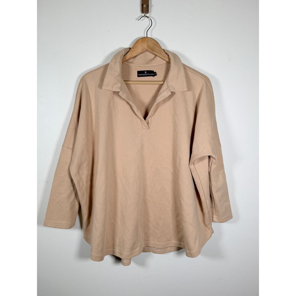 TUCKERNUCK x POMANDER PLACE Easy Polo Swing Sweatshirt Tan Sz M/L $138 {OO40} - Picture 3 of 6